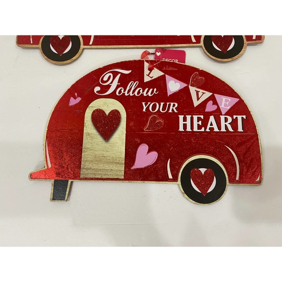 Set of 2 Happy Valentine’s Day Red Truck & Camper Wood Hanging Wall Sign Decor - Picture 2 of 10